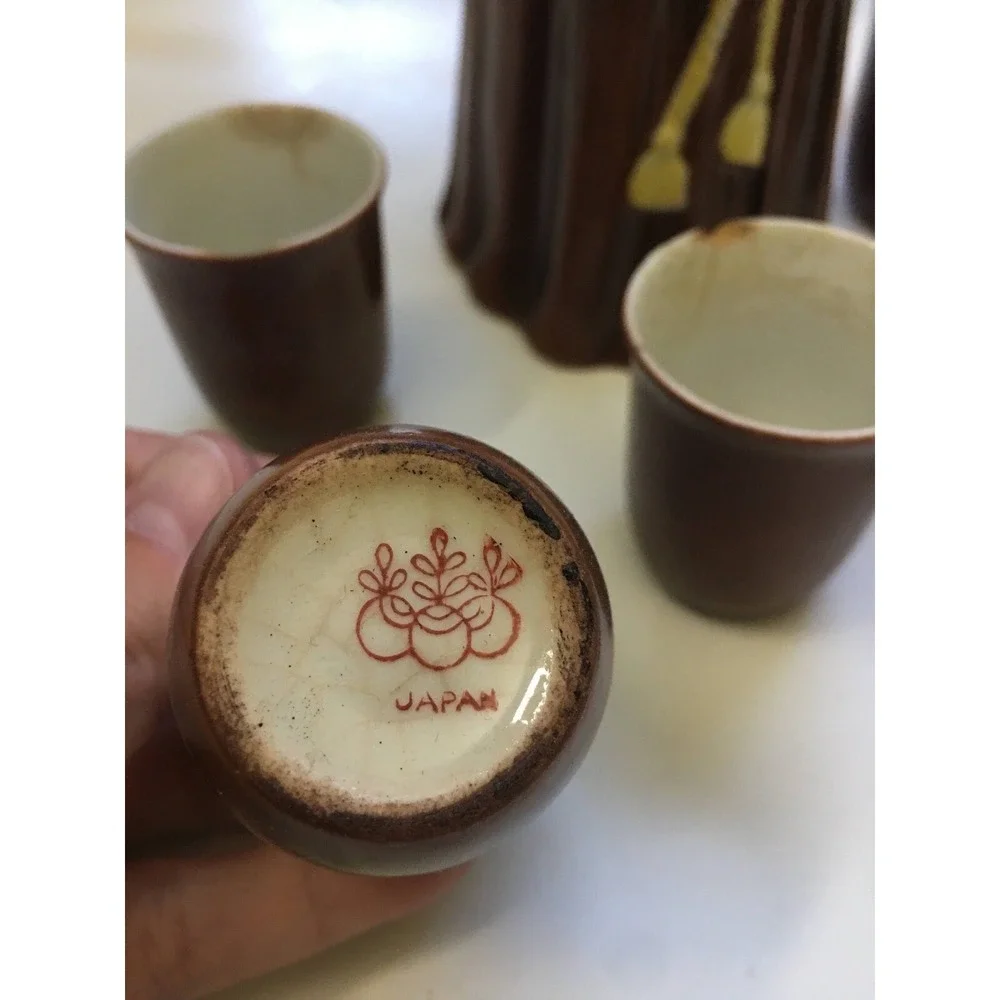 Antique 1940s Monk Wine Decanter Set Ceramic With 6 Cups Japan MCM Barware Brown